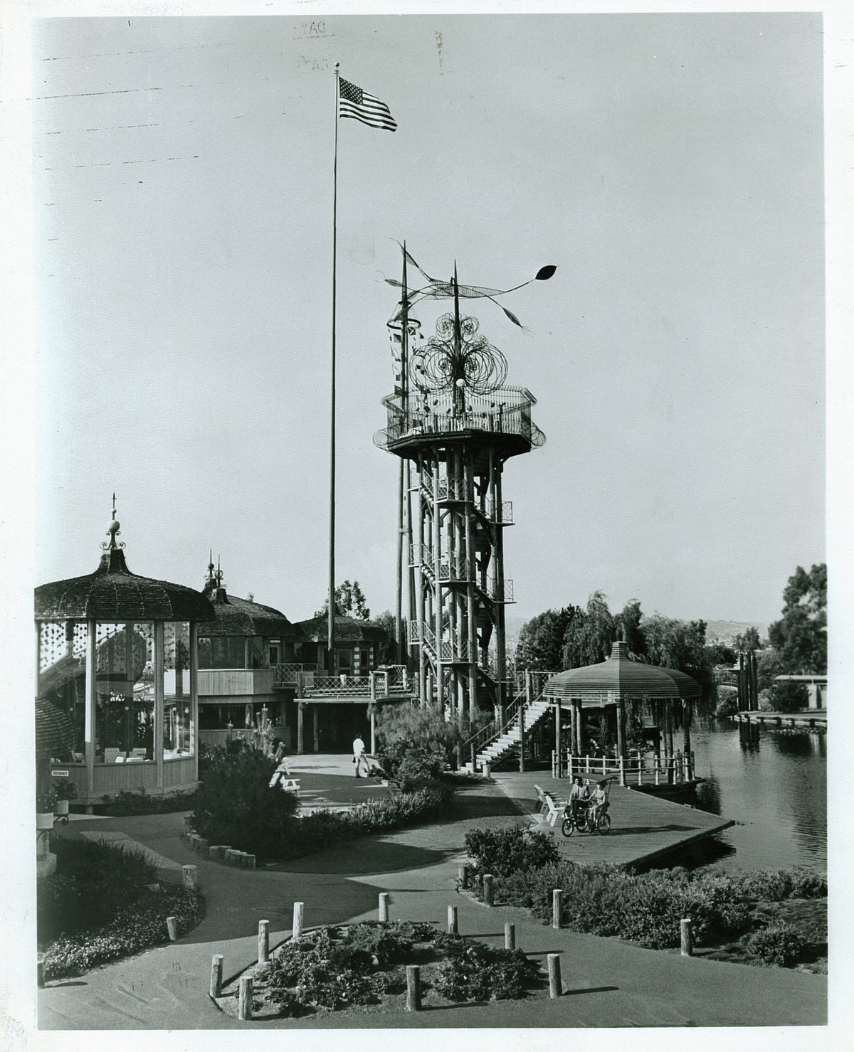Vintage black and white photograph of Vacation Village observation tower and gazebo along Mission Bay waterfront circa 1962