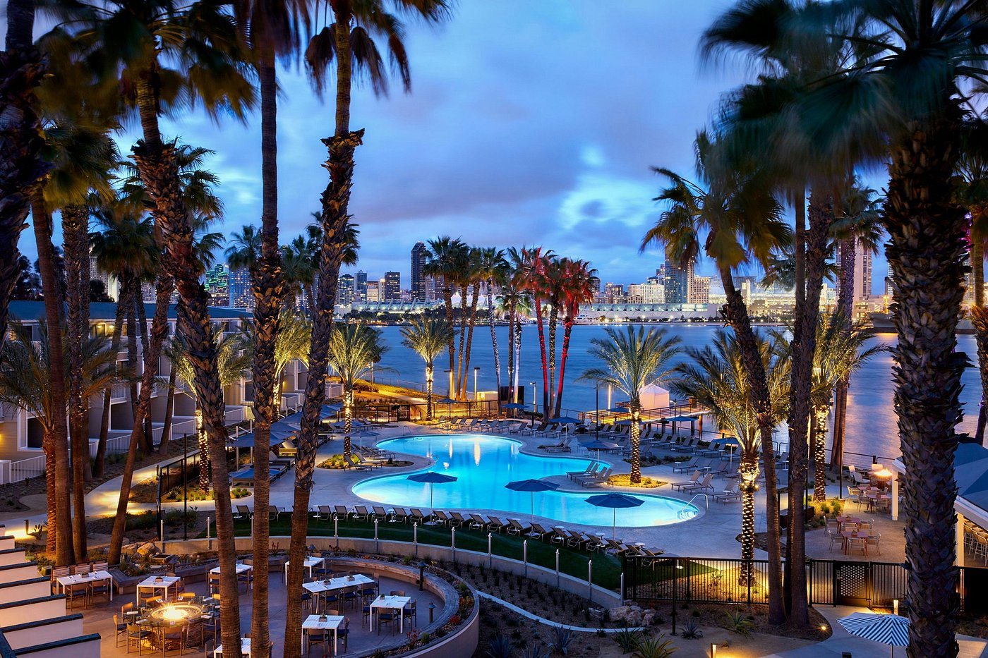 View of the heated pool and San Diego skyline from a guest room at Coronado Island Marriott Resort
