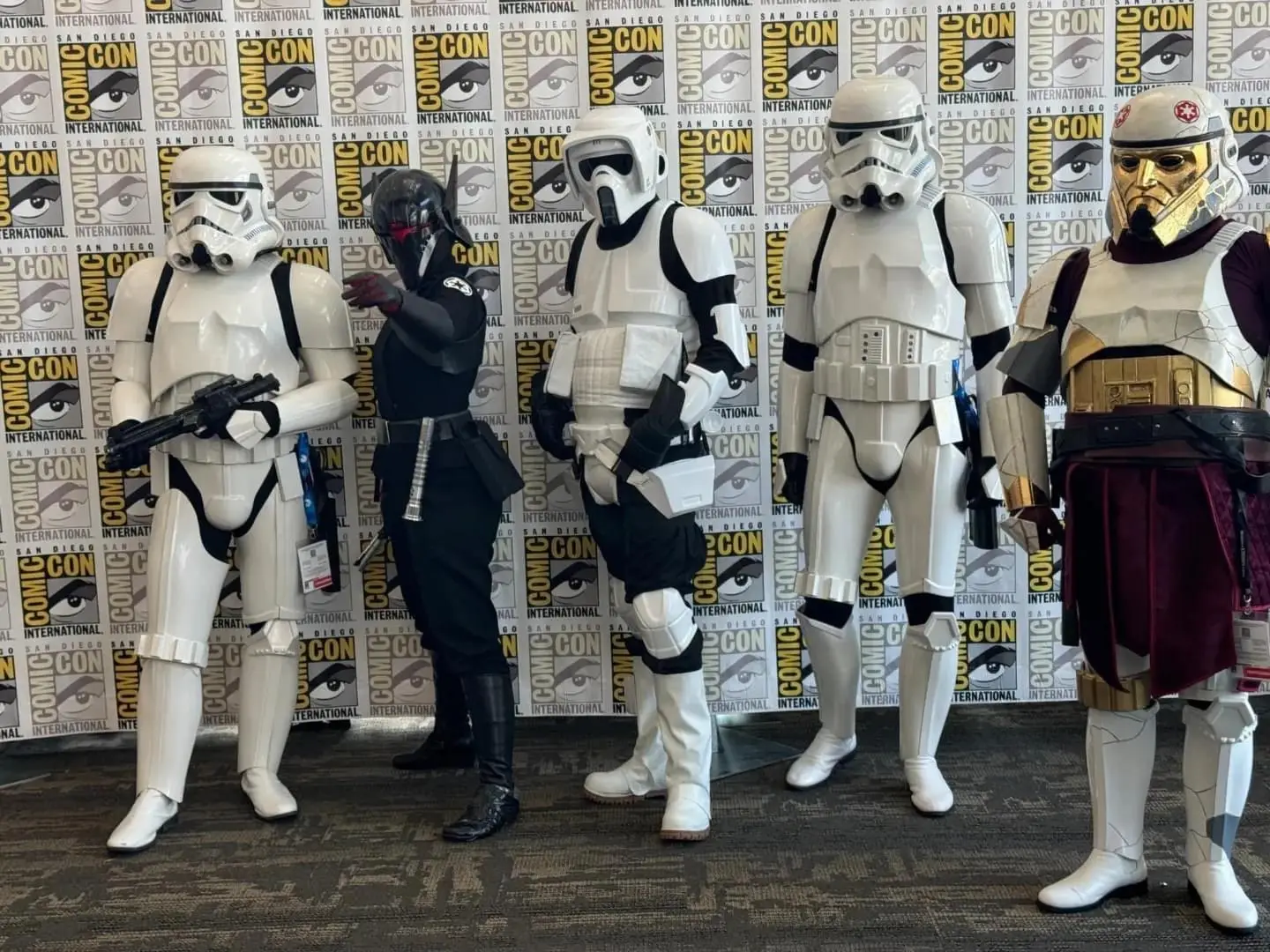 Stormtrooper cosplayers posed at Comic-Con