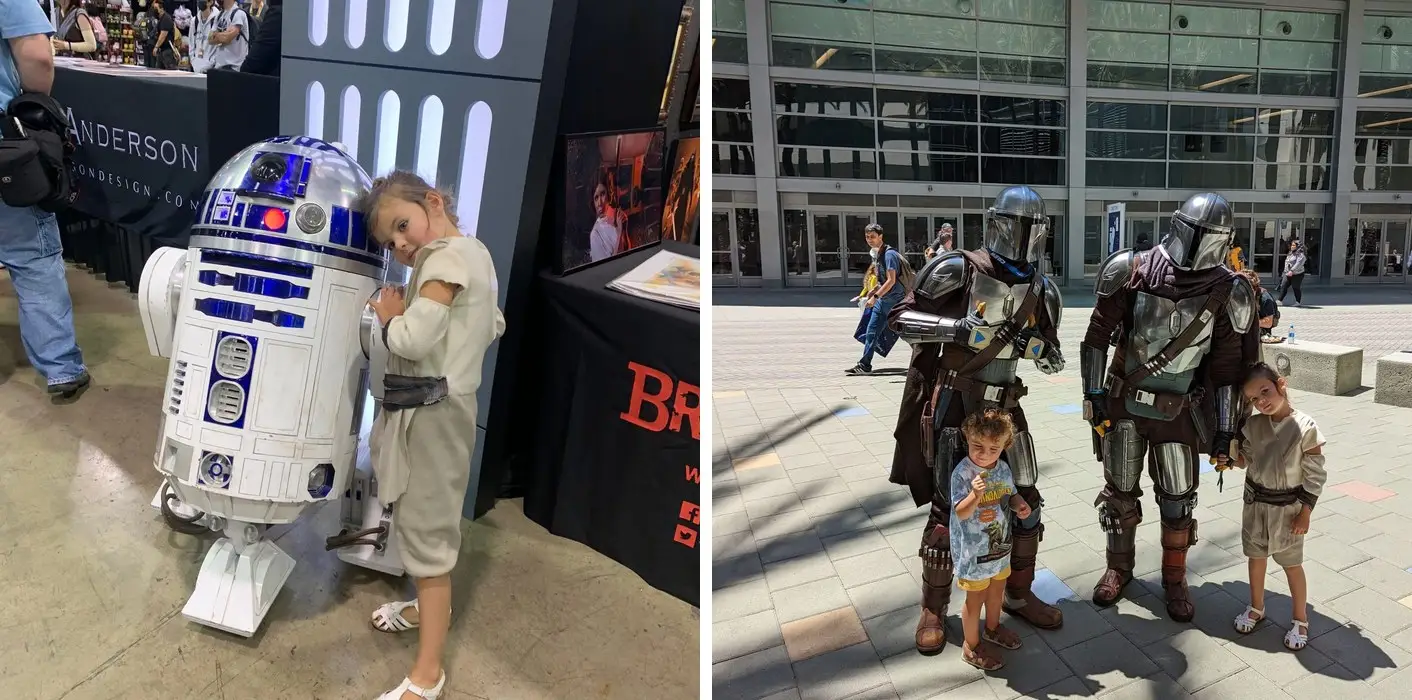 Two photos: a child in costume hugging R2-D2, and two kids meeting Mandalorian cosplayers