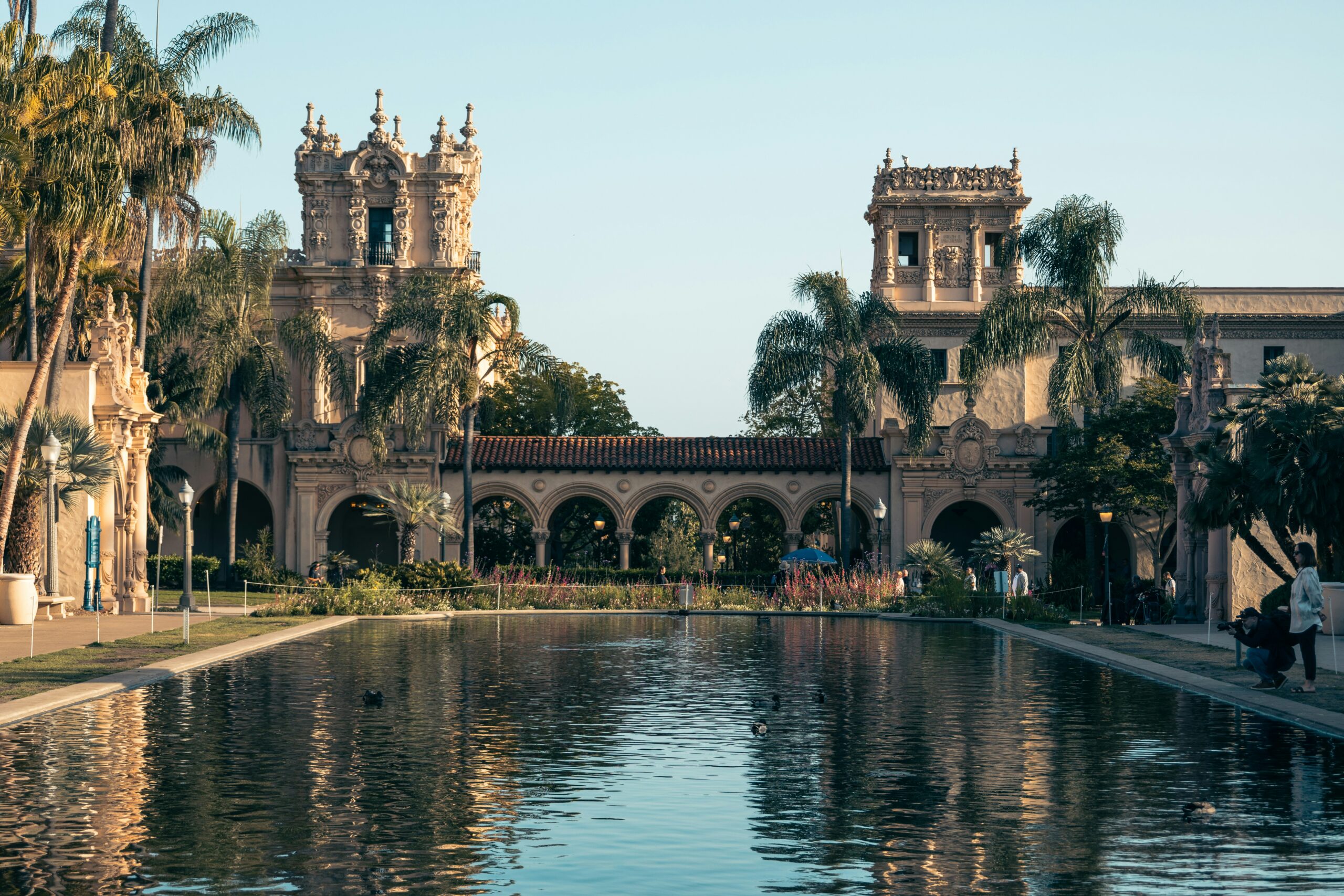Reflection pool and towers at Balboa Park in San Diego