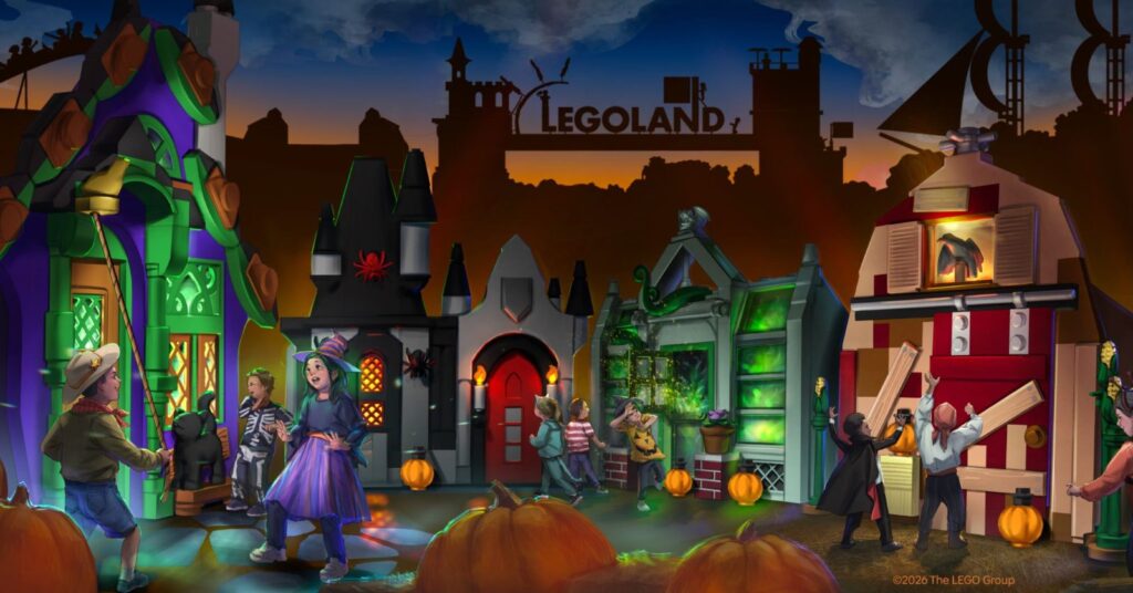 Illustrated Brick-or-Treat Street with LEGO characters and pumpkins at LEGOLAND California